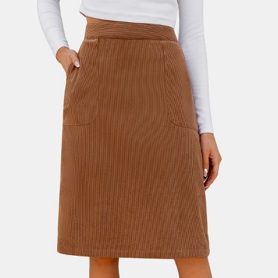 Women's Brown Corduroy Pocket Midi Skirt - Cupshe