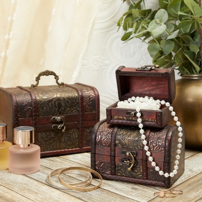 Vintage Style Wooden Treasure Chest Boxes with Floral Motifs, Set of 3