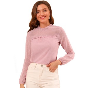 Allegra K Women's Swiss Dots Textured Ruffle Neck Long Sleeve Blouse - 1 of 4