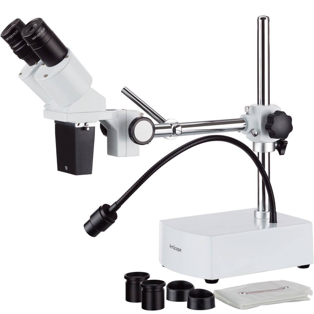 Stereo Microscope with 10X and 20X Magnification, Single Arm Boom Stand, and LED Gooseneck Light - AmScope