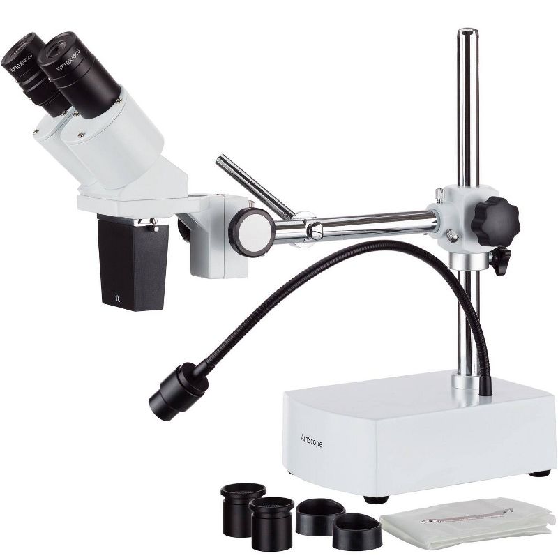 Stereo Microscope with 10X and 20X Magnification, Single Arm Boom Stand, and LED Gooseneck Light - AmScope, 1 of 9