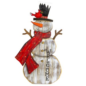 Northlight 12" Snowman with Cardinal Welcome Sign Wooden Christmas Decoration - 1 of 4