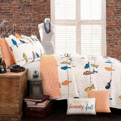 Lush Decor 7pc King Rowley Birds Quilt Set Orange/Dark Blue/White - Lush Décor: Reversible Hypoallergenic Farmhouse Bedding — фото 2
