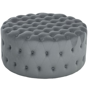 HOMCOM Tufted Ottoman, Velvet-feel Upholstered Foot Stool with Padded Seat, Round Ottoman Coffee Table for Living Room, Bedroom, Dark Gray - 1 of 4