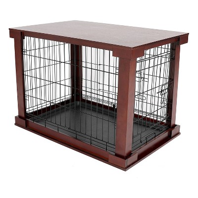 Merry Products 2 Door Decorative Pet Kennel with Wooden Protection Cover, Divider Insert, and Removable Tray End or Side Table, Large, Brown