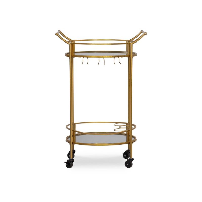 Round Metal Frame 2 Mirrored Glass Shelves 3 Glass and 3 Bottle Holders Locking Wheels Bar Cart Gold - Linon, 3 of 11