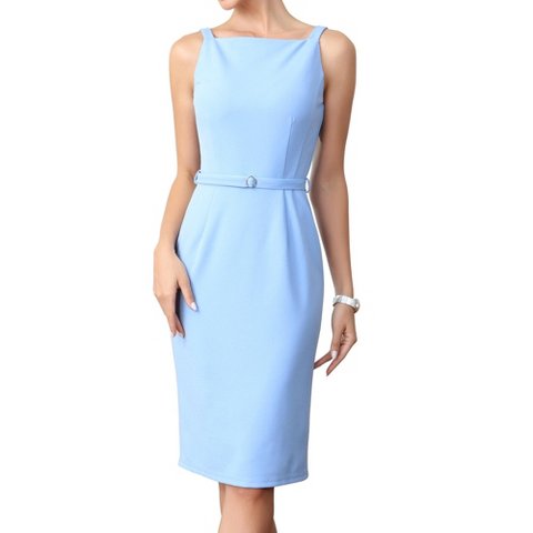 Женские платья INSPIRE CHIC Women's Sleeveless Square Neck Belted Formal Business Sheath Midi Dresses Large Blue