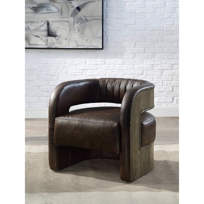 Espresso Leather Barrel Swivel Accent Chair with Wood Frame
