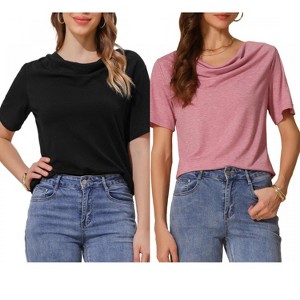 INSPIRE CHIC Women's Cowl Neck Short Sleeve Casual Stretchy Shirts 2 Packs - 1 of 4