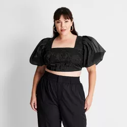 Women's Plus Size Puff Short Sleeve Organza Cropped Blouse - Future Collective™ with Kahlana Barfield Brown Black 28W/30W