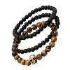 Steeltime Men's set of 3 stretch bracelets - black lava beaded bracelet and tiger eye beaded bracelet with 18k gold plated stainless steel skull - 2 of 4
