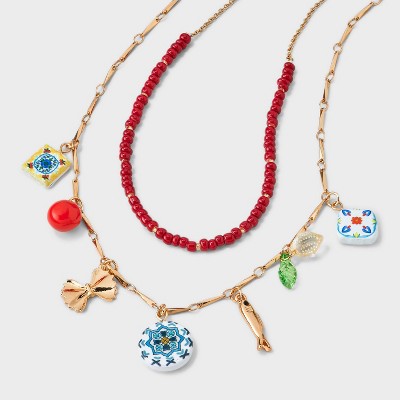 Seed Bead and Chain Charm Necklace Set 2pc - Universal Thread™ Gold