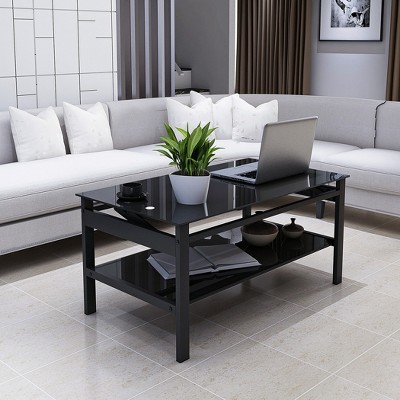 Glass Lift Top Coffee Table, Modern Simple 2-Layer Tempered Glass Coffee Table, for Living Room, Black