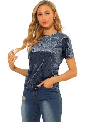 INSPIRE CHIC Women's Velvet Crew Neck Short Sleeve Casual Blouse