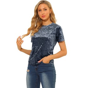 INSPIRE CHIC Women's Velvet Crew Neck Short Sleeve Casual Blouse - 1 of 4