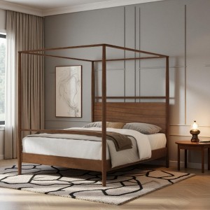 Merax Modern Rustic Solid Wood Canopy Bed Frame with Built-in Headboard - 1 of 4