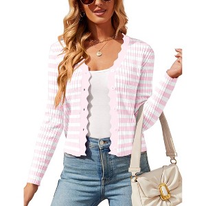 Womens Button Down Knit Striped Cardigan Long Sleeve Crop Tops Ribbed Textured Knit Cardigan with Wavy Neckline Slim Fit Knit Shrugs - 1 of 4