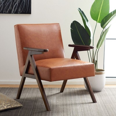 Cognac Faux Leather and Walnut Wood Mid-Century Accent Chair