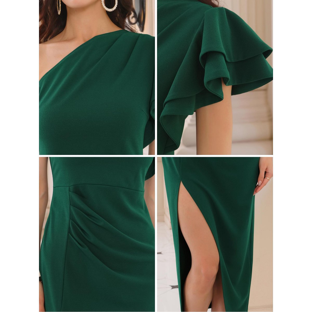 Женские платья INSPIRE CHIC Women's Cocktail Ruffle Sleeve Ruched Waist Split Hem One Shoulder Midi Dress Dark Green X-Large — фото 5