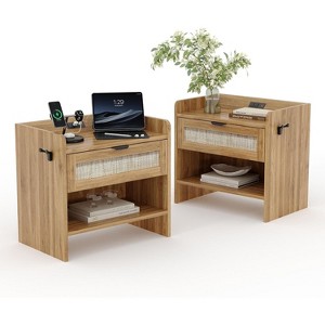 GAOMON Nightstand Set of 2, Bedside Table, Boho Night Stand with Type-C Charging Station, 1 Storage Drawer, and Open Storage Space - 1 of 4