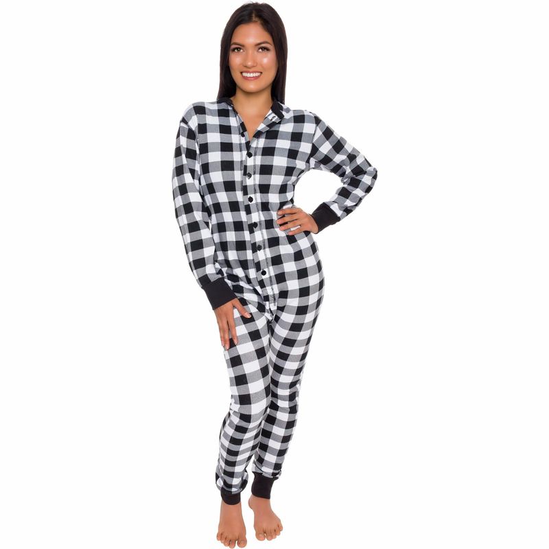 Silver Lilly - Slim Fit Women's Buffalo Plaid One Piece Pajama Union Suit with Functional Panel, 1 of 8