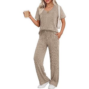 Ekouaer Pyjama Damen Herbst Schlafanzug Kurzarm Lang Hose Rippen Nachtw?sche - 1 of 4