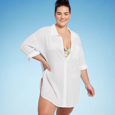 Plus size white 2024 button down shirt dress