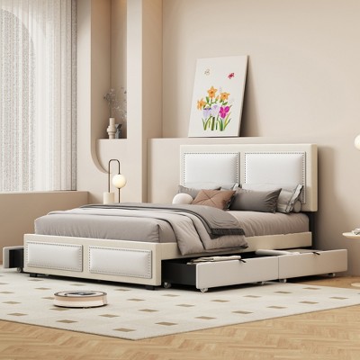 Queen Size Upholstered Platform Bed With Large Rivet-decorated ...