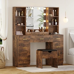 Farmhouse Vanity Set with LED Mirror,56"Makeup Vanity with Power Outlet&Storage Shelves - 1 of 4