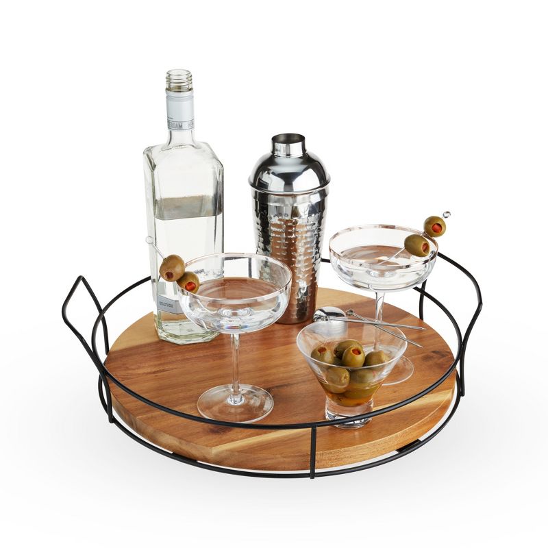Twine Modern Manor Cocktail Tray, Round Serving Platter with Handles for Drinks, Appetizers, Acacia Wood, Metal, 15.37″ Diameter, Set of 1, 3 of 4