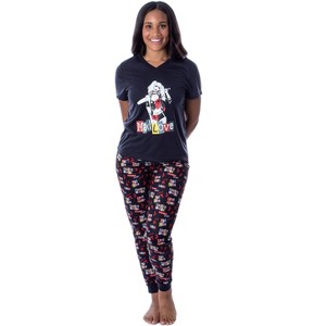 DC Comics Womans' Harley Quinn Mad Love 2 Piece Pajama Set Jogger Black - 1 of 4