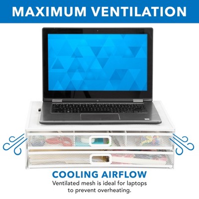 White Metal Mesh Desktop Monitor Stand with Two Drawers