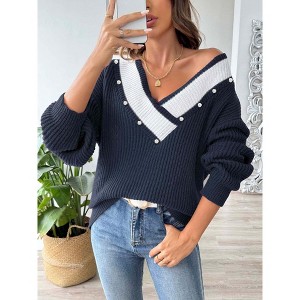 Women's Chunky Sweater Fall Winter Long Sleeve Knit Sweater Shirt V Neck Contrast Color Loose Oversized Pullover Top Blouse with Pearls - 1 of 4