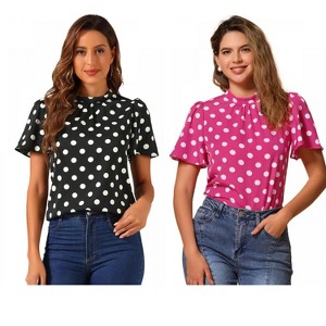 INSPIRE CHIC Women's Polka Dots Stand Collar Pleat Keyhole Back Short Flare Sleeve Tops 2 Packs - 1 of 4