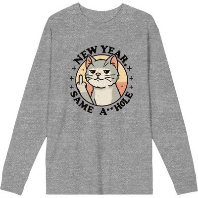 New Year Same A**hole Cat With Middle Finger Adult Crew Neck Long Sleeve Tee