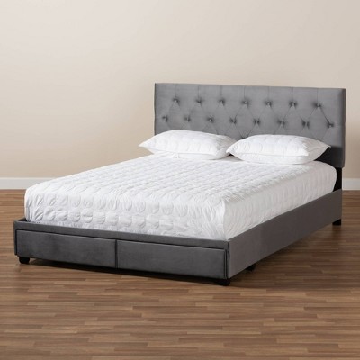 Gray Velvet Upholstered Queen Platform Storage Bed with Tufted Headboard