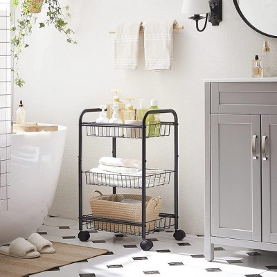Black 3-Tier Metal Rolling Storage Cart with Removable Baskets