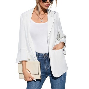 Womens Casual Blazer 3/4 Sleeve Open Front Plaid Longline Blazer - 1 of 4
