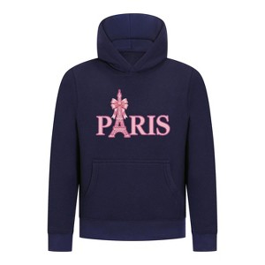 Everyday Kids Paris Bow Girls Pullover Hoodie – Pink Eiffel Tower City Graphic Sweatshirt - 1 of 4