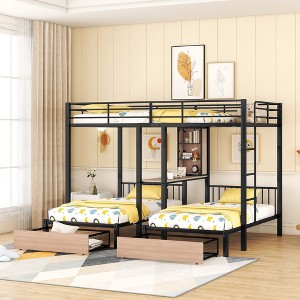 Modern Metal Full Over Twin & Twin Triple Bunk Bed with Storage Drawers, Desk & Shelves, Convertible to 3 Independent Beds - ModernLuxe - 1 of 4