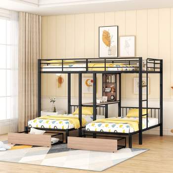 Full Over Twin & Twin Bed with Drawers, Multi-Functional Metal Frame Triple Bunk Bed with Desks and Shelves in The Middle - ModernLuxe