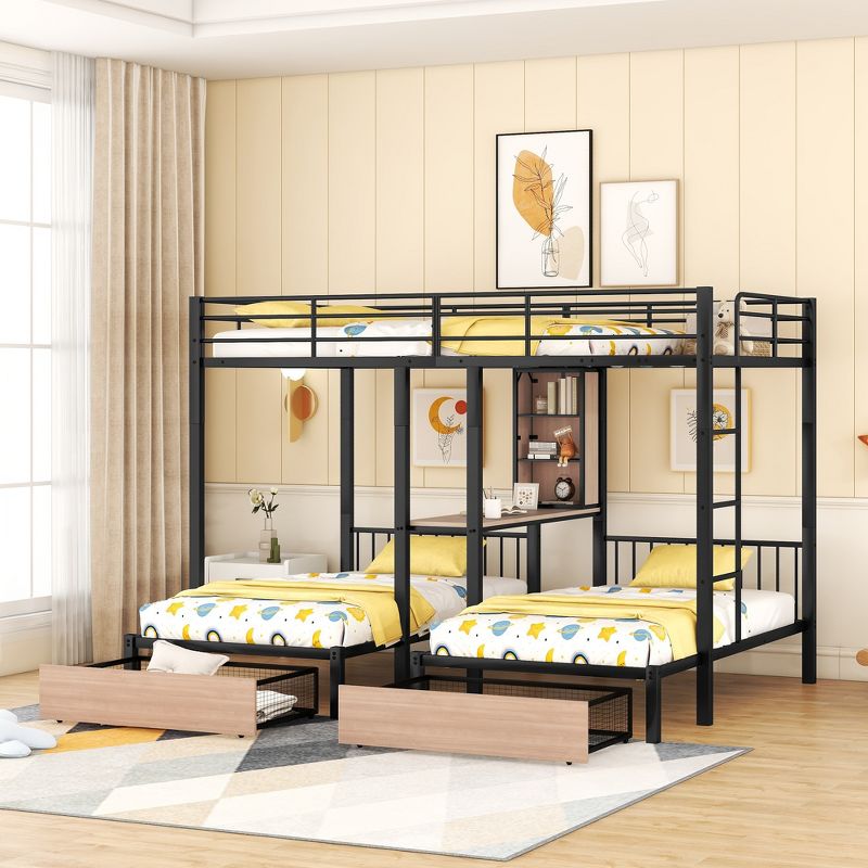 Full Over Twin & Twin Bed with Drawers, Multi-Functional Metal Frame Triple Bunk Bed with Desks and Shelves in The Middle - ModernLuxe, 1 of 13
