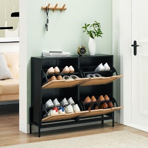 Jojoka Natural Rattan Shoe Cabinet with 4 Flip Drawers, Adjustable Shelves & Metal Legs, Entryway Shoe Storage - 1 of 4