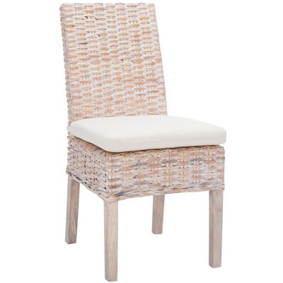 White Upholstered Rattan Side Chair with Natural Wood Legs