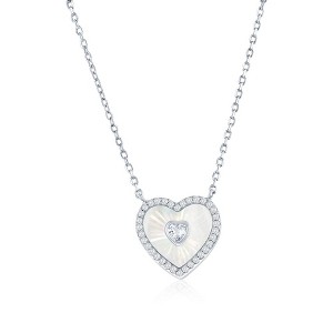 Simona Sterling Silver, D-C Heart MOP & CZ Necklace - White - 16+2 Inch - 1 of 2