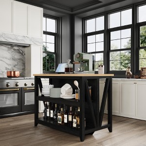 Wooden Kitchen Island with Power Outlet & LED Lights, Bakers Rack with Storage - 1 of 4
