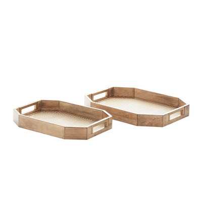 Light Brown Wood and Metal Mesh Decorative Trays, Set of 2