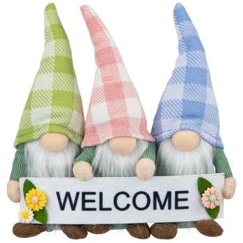 Northlight Gnome Trio with Welcome Banner Spring Table Decoration - 7" - Pastel Pink and Green