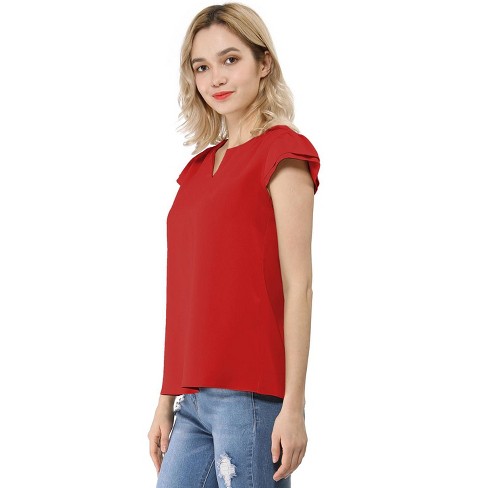 Allegra K Women's Work Business Casual Plain Cap Sleeve Blouse Red