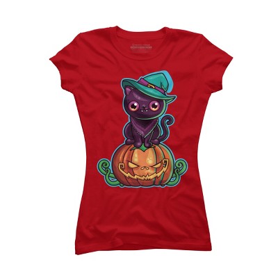 Junior's Design By Humans Ferociously Cute Halloween Vampire Witch Kitty Cat By LittleBunnySunshine T-Shirt